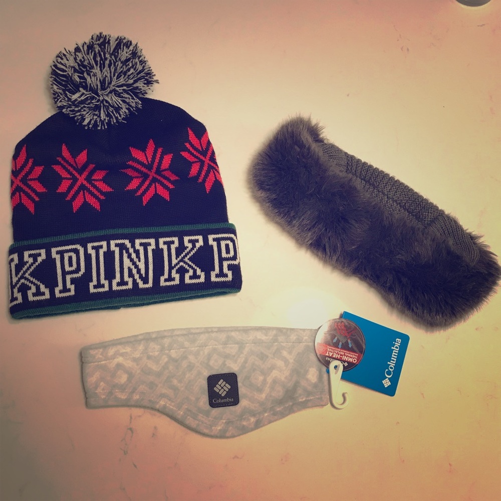 Assorted women’s winter hats and head wraps, PINK
